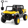 Yellow 24V ride-on dump truck with two seats, designed for kids, featuring headlights and remote control.