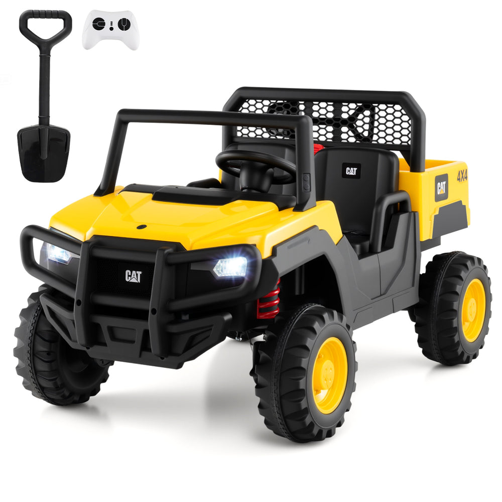 Yellow 24V ride-on dump truck with two seats, designed for kids, featuring headlights and remote control.