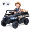 Kids' 24V black ride-on dump truck with remote control, LED headlights, and spacious seat for safe outdoor fun.