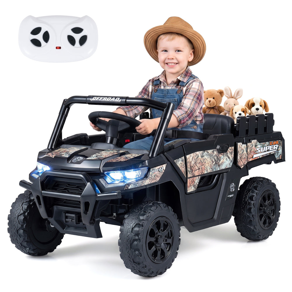 Kids' 24V black ride-on dump truck with remote control, LED headlights, and spacious seat for safe outdoor fun.