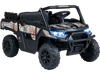 Off-road 24V ride-on dump truck in black with remote control, LED headlights, and spacious seat for kids aged 3+.
