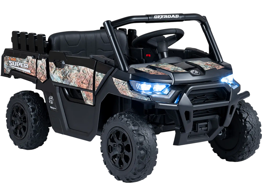Off-road 24V ride-on dump truck in black with remote control, LED headlights, and spacious seat for kids aged 3+.