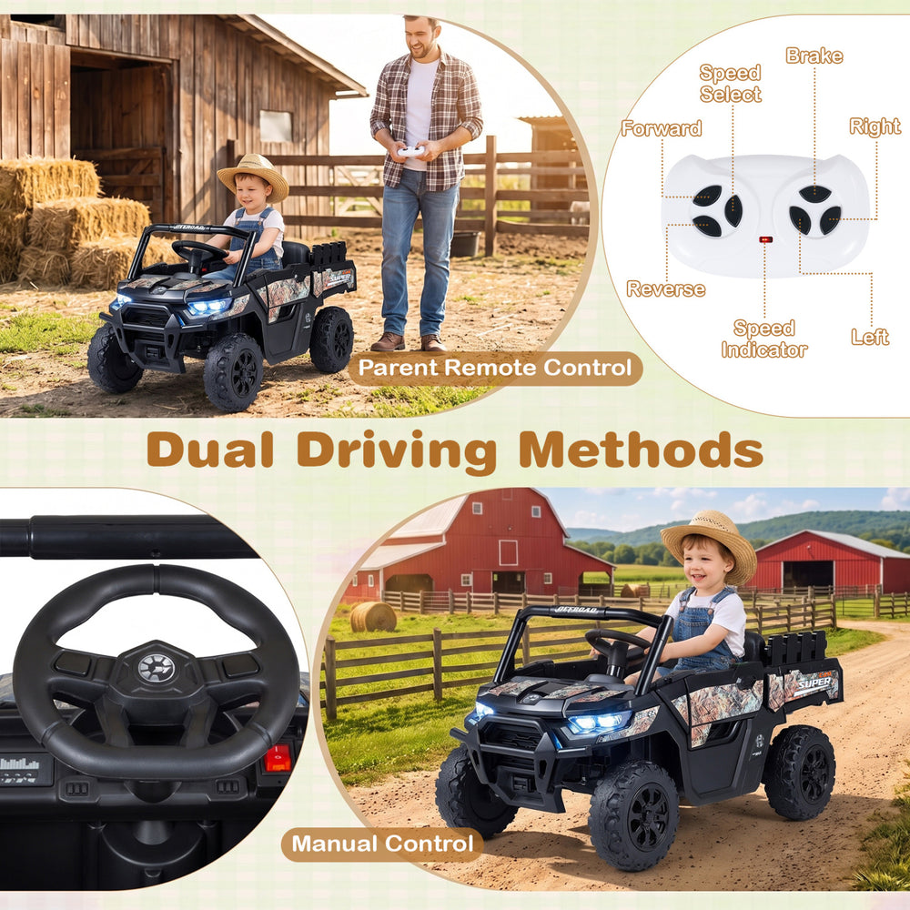 24V ride-on dump truck with remote control features LED headlights, multi-terrain wheels, and a spacious seat for kids.