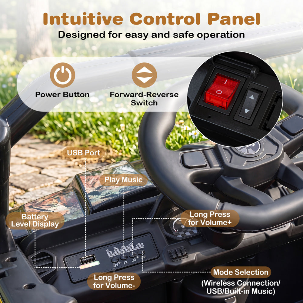 Intuitive control panel of the 24V Ride On Dump Truck features USB port and volume controls for easy operation and entertainment.