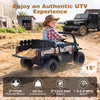 24V ride-on dump truck in black with remote control, designed for kids aged 3+, featuring multi-terrain wheels and LED headlights.