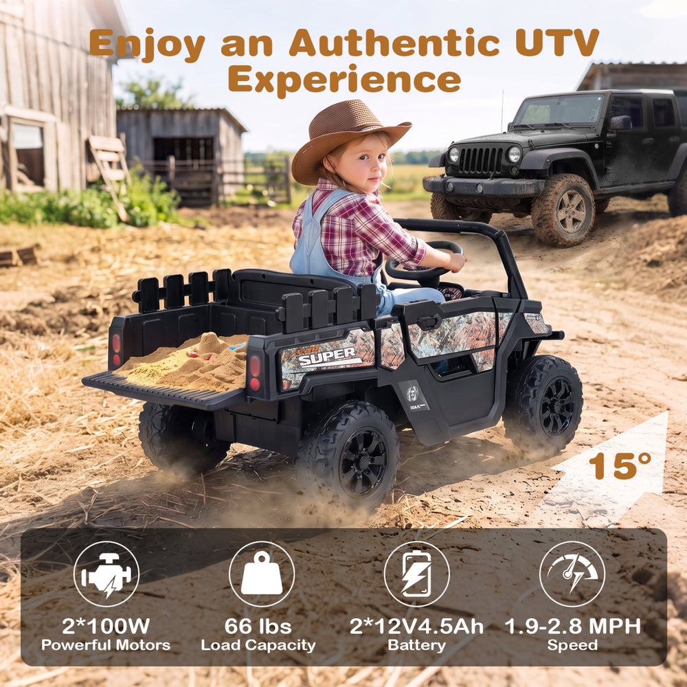 24V ride-on dump truck in black with remote control, designed for kids aged 3+, featuring multi-terrain wheels and LED headlights.