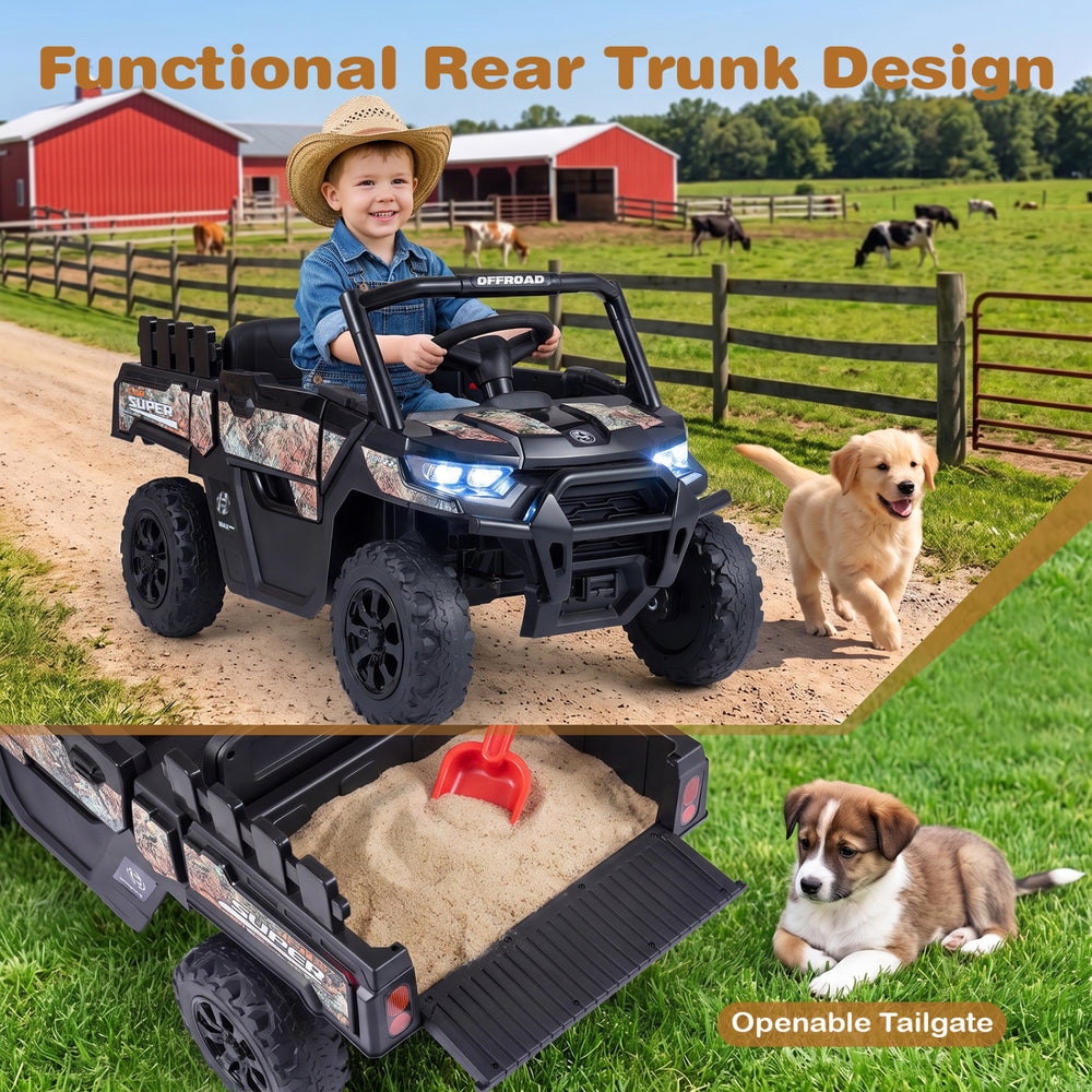 24V Ride On Dump Truck in black features an openable tailgate for extra storage, ideal for outdoor adventures.