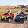Two kids enjoy driving the 24V Ride On Dump Truck Car Off-Road with remote control on a country road.