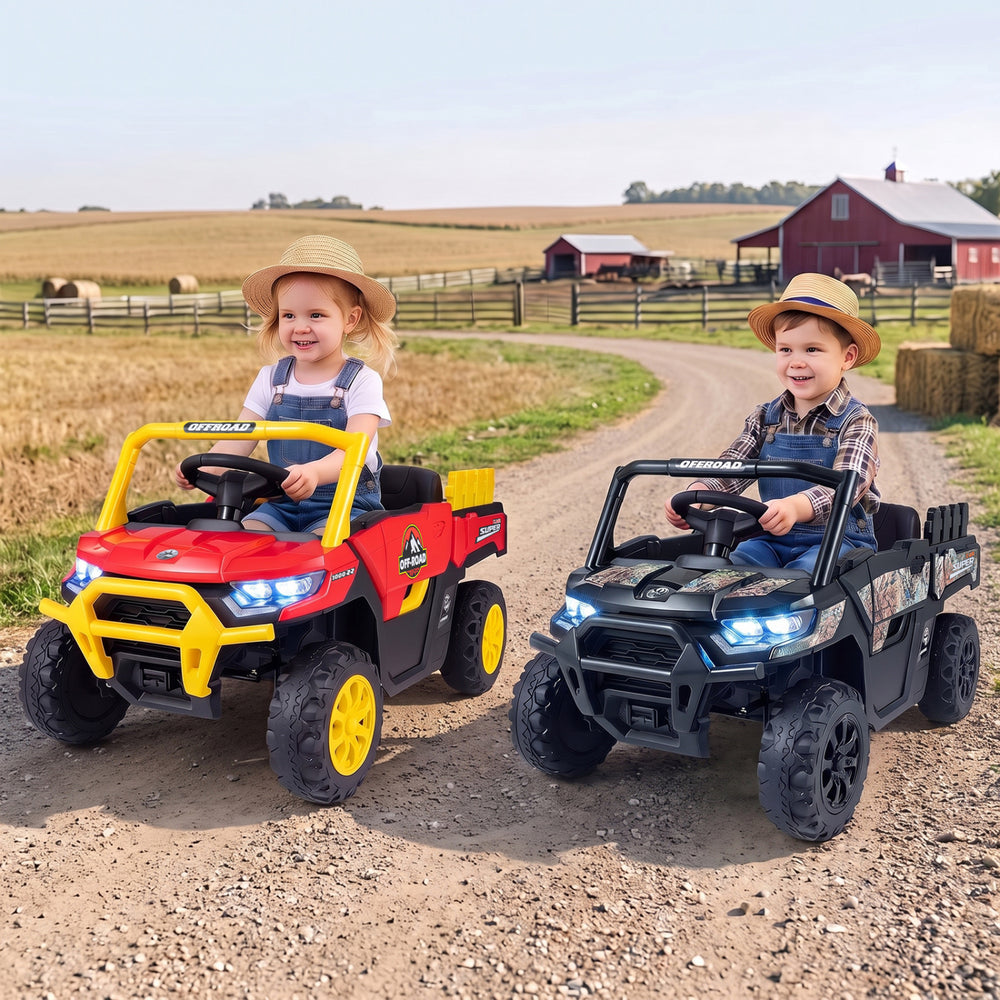 Two kids enjoy driving the 24V Ride On Dump Truck Car Off-Road with remote control on a country road.