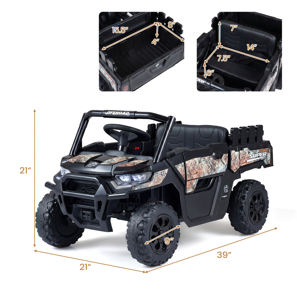 24V Ride On Dump Truck in black with remote control, spacious seat, and functional rear trunk for kids aged 3+.