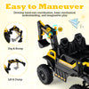 Yellow 24V Ride On Excavator with digging arm, featuring dual control and easy maneuvering for imaginative play.