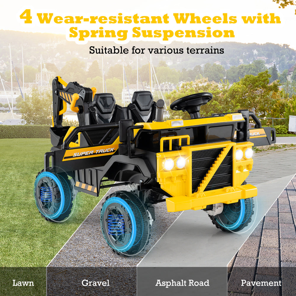 Yellow 24V Ride On Excavator with 4 wear-resistant wheels, suitable for lawn, gravel, and pavement terrains.
