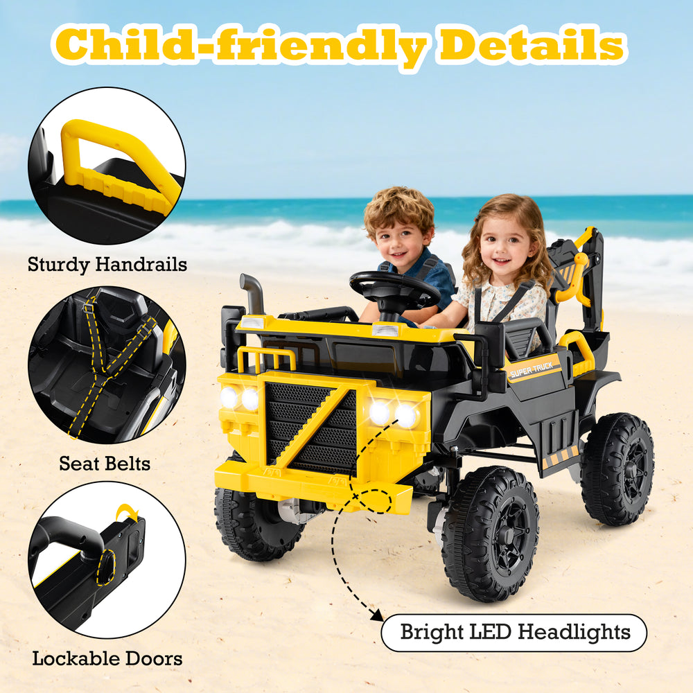 Bright yellow 24V ride-on excavator with remote control, featuring sturdy handrails and bright LED headlights for kids.