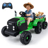 Kids electric ride-on tractor in green with detachable trailer, remote control, and LED headlights for outdoor fun.