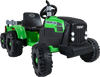 Green 24V ride-on tractor for kids with detachable trailer, remote control, and realistic features for outdoor fun.