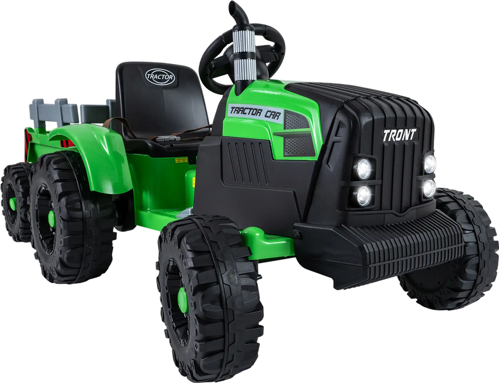 Green 24V ride-on tractor for kids with detachable trailer, remote control, and realistic features for outdoor fun.