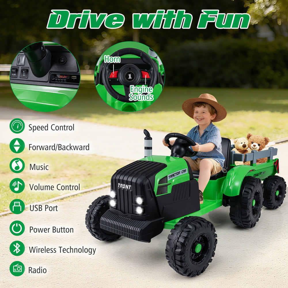 Green 24V Ride On Tractor for Kids with detachable trailer, remote control, and realistic engine sounds for outdoor fun.