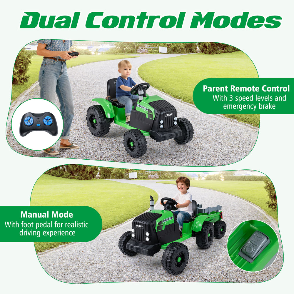 24V green ride-on tractor for kids with detachable trailer, remote control, and manual mode for realistic driving.