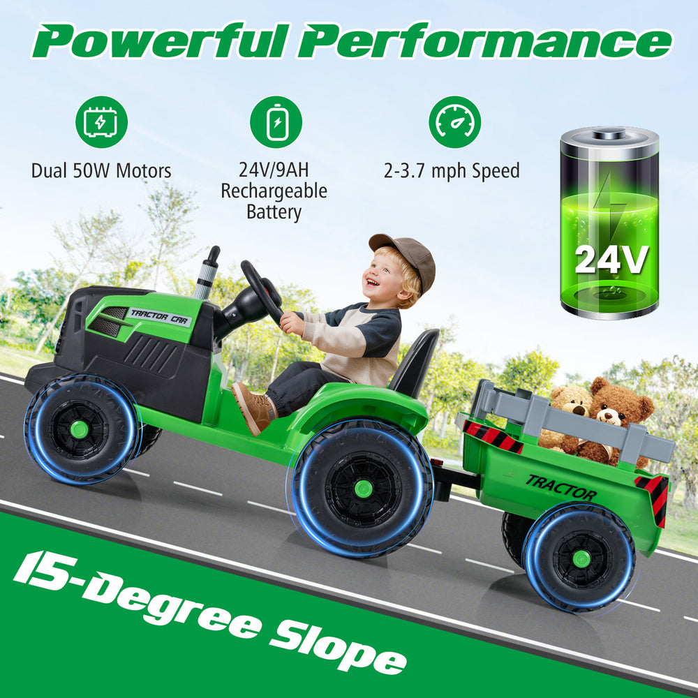 Green 24V ride-on tractor for kids with detachable trailer, remote control, and 15-degree slope for outdoor fun.