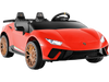 Red 24V ride-on Lamborghini car for kids, featuring 2-seater design, remote control, and realistic LED lights.