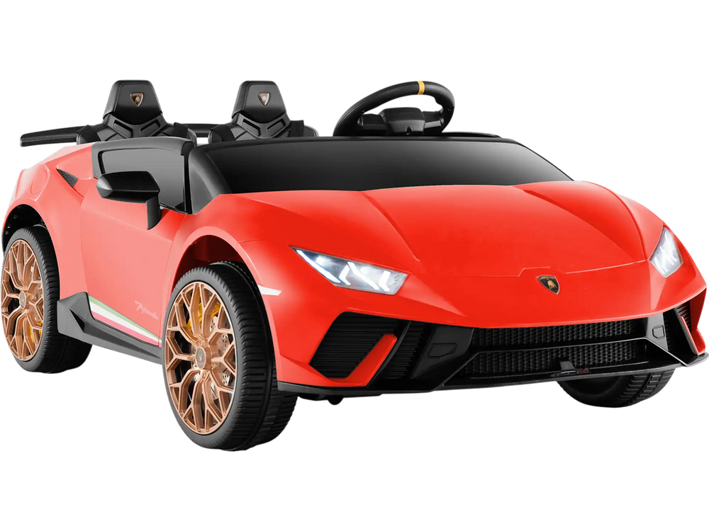 Red 24V ride-on Lamborghini car for kids, featuring 2-seater design, remote control, and realistic LED lights.