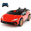 Red 24V Lamborghini ride-on car for kids, 2-seater with remote control, LED lights, and music for fun adventures.