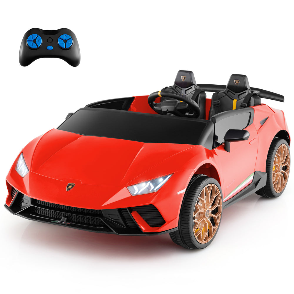 Red 24V Lamborghini ride-on car for kids, 2-seater with remote control, LED lights, and music for fun adventures.