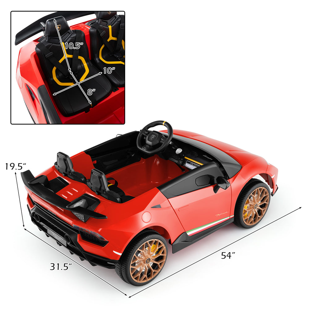 Red 24V Lamborghini ride-on car for kids, featuring 2-seater design, remote control, and realistic driving experience.