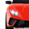 Front view of a red 24V ride-on Lamborghini car for kids, featuring LED lights and a sporty design for fun adventures.