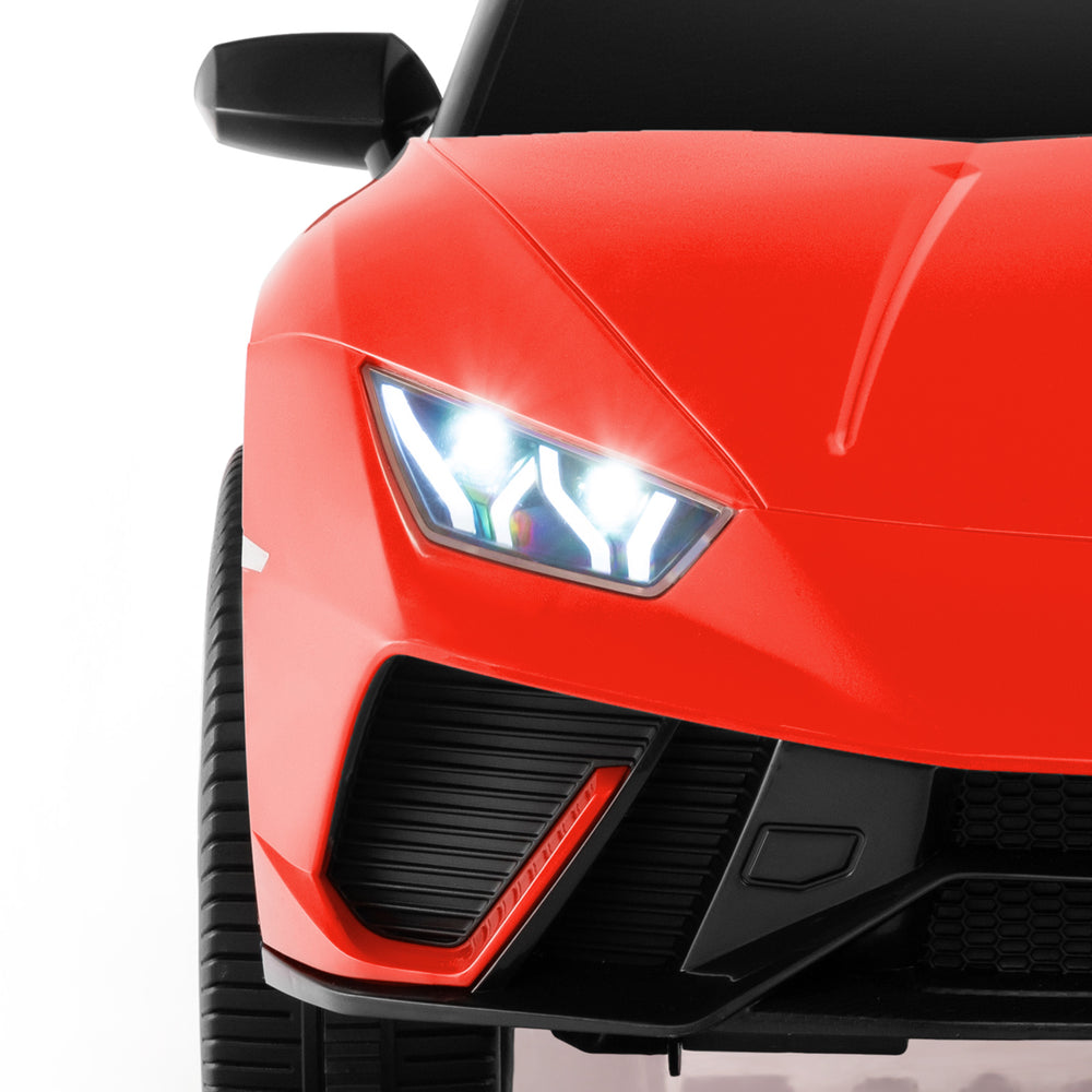 Front view of a red 24V ride-on Lamborghini car for kids, featuring LED lights and a sporty design for fun adventures.