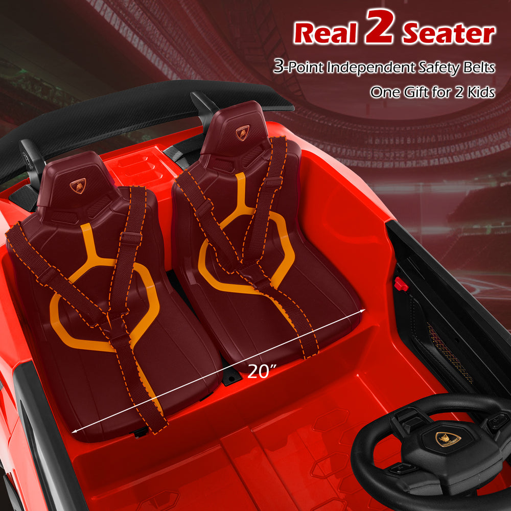 Two-seater interior of the 24V Lamborghini ride-on car featuring 3-point safety belts for kids' secure driving.