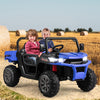 Kids ride on a blue 24V car with dump bed, remote control, and safety features, perfect for outdoor fun.