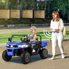 Navy 24V ride-on kids car with remote control, featuring a dump bed, spacious seat, and safety belt for secure driving.
