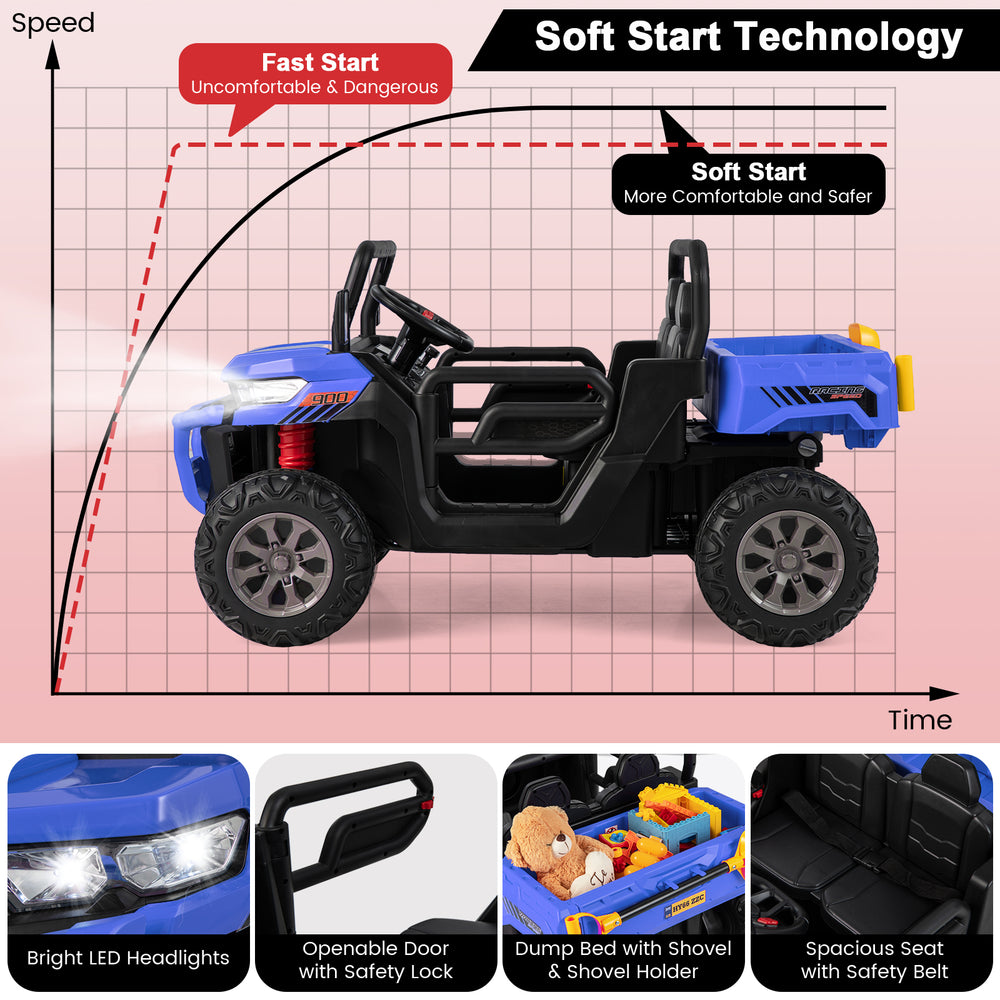 Navy 24V ride-on kids car with dump bed, remote control, spacious seat, and safety belt for ages 3-8.