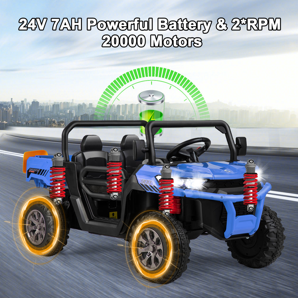 24V ride-on kids car in navy with dump bed, remote control, and safety features for ages 3-8, ideal for outdoor fun.