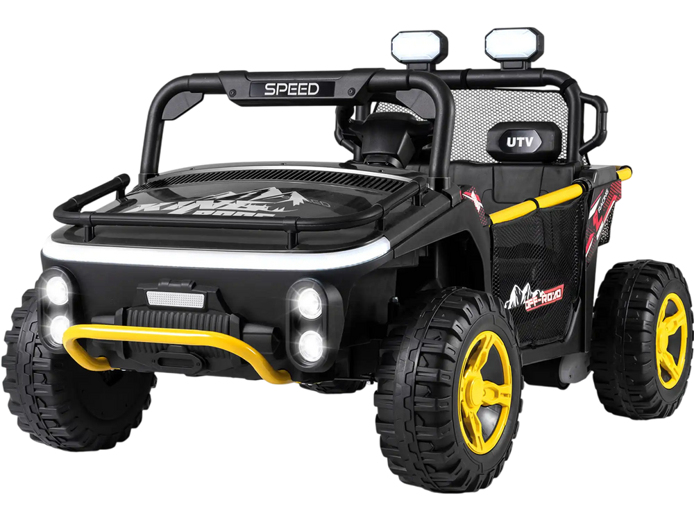 Black 24V ride-on truck for kids with remote control, LED lights, and multifunctional steering wheel for outdoor fun.
