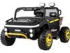 Black 24V ride-on truck for kids with remote control, LED lights, and multifunctional steering wheel for outdoor fun.