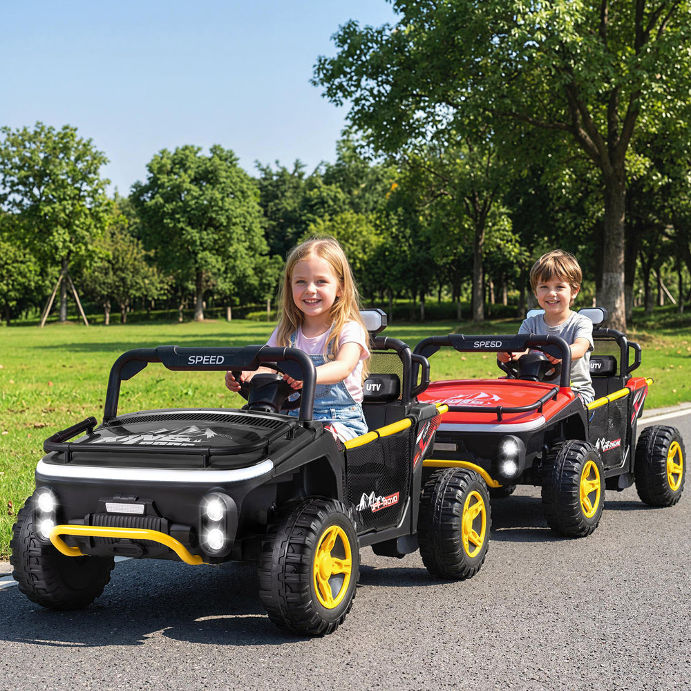 Two kids enjoying a 24V ride-on toy truck car in a park, featuring bright LED lights and a sturdy design for outdoor.