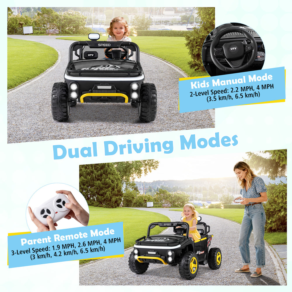 Kids 2-seater ride-on truck in black with dual driving modes, horn, music, and safety features for outdoor fun.