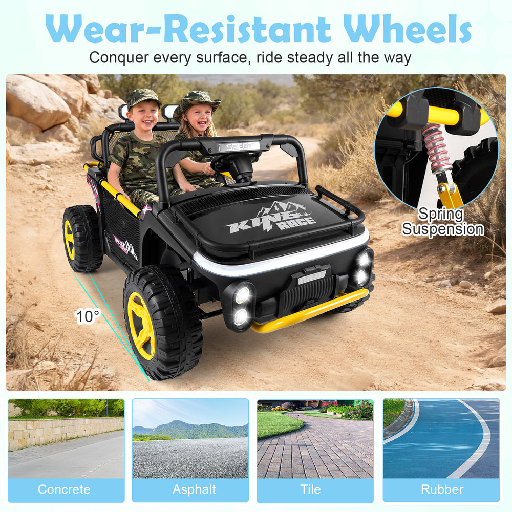 Two kids enjoying the 24V ride on truck with wear-resistant wheels, designed for smooth rides on various surfaces.