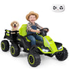 Kids' 24V ride-on tractor in green with detachable trailer, remote control, and music for fun outdoor adventures.
