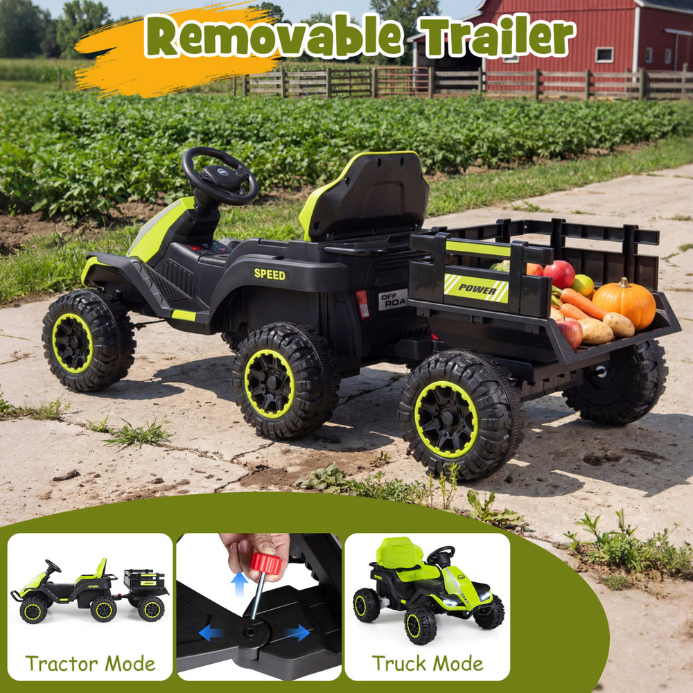 24V ride-on tractor in green with detachable trailer, featuring high-strength wheels and remote control for kids' fun.