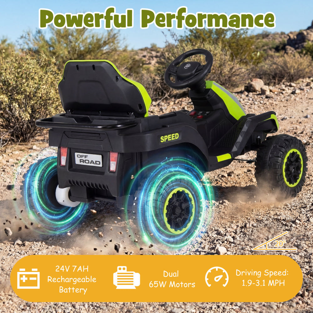 24V ride-on tractor in green with detachable trailer, dual motors, and remote control for kids' outdoor fun.