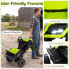 24V green ride-on tractor with detachable trailer, LED headlights, and safety belt for kids' outdoor fun.