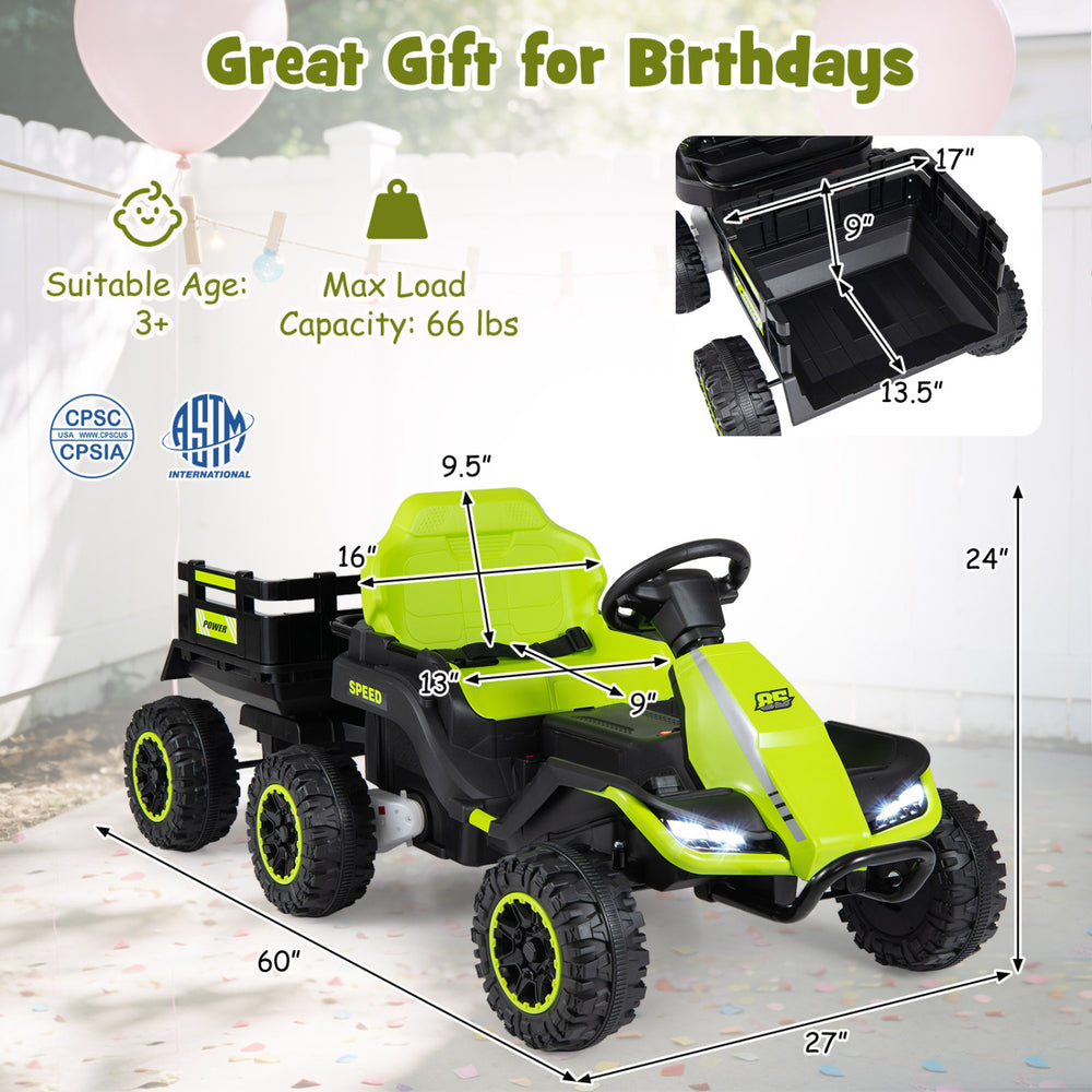 24V green ride-on tractor with detachable trailer, featuring remote control, music, and safety belt for kids' fun.