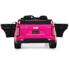 Pink licensed Cadillac 24V ride-on truck with open doors, designed for 2 kids, featuring remote control and safety.