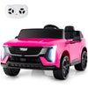 Pink 24V licensed Cadillac ride-on truck for kids, showcasing the stylish dashboard with joystick and entertainment.