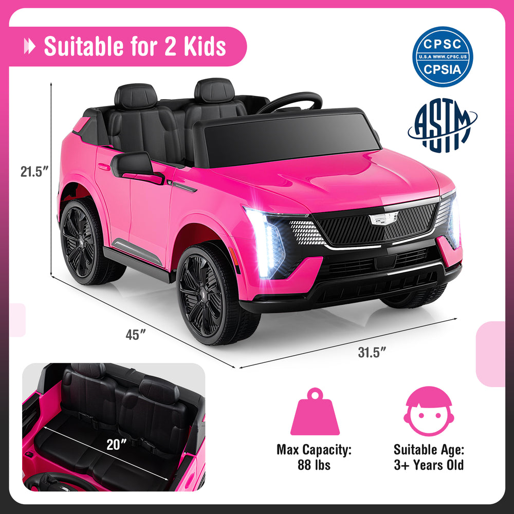 Pink 24V licensed Cadillac ride-on truck for 2 kids, featuring remote control, safety belts, and spring suspension.