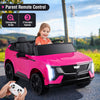 Pink 24V licensed Cadillac ride-on truck for 2 kids, featuring remote control, safety belts, and 3 variable speeds.