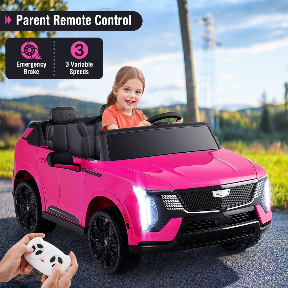 Pink 24V licensed Cadillac ride-on truck for 2 kids, featuring remote control, safety belts, and 3 variable speeds.